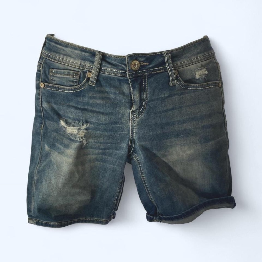 Blue denim shorts rip fade detail with embellished back pockets 3 Hydraulic